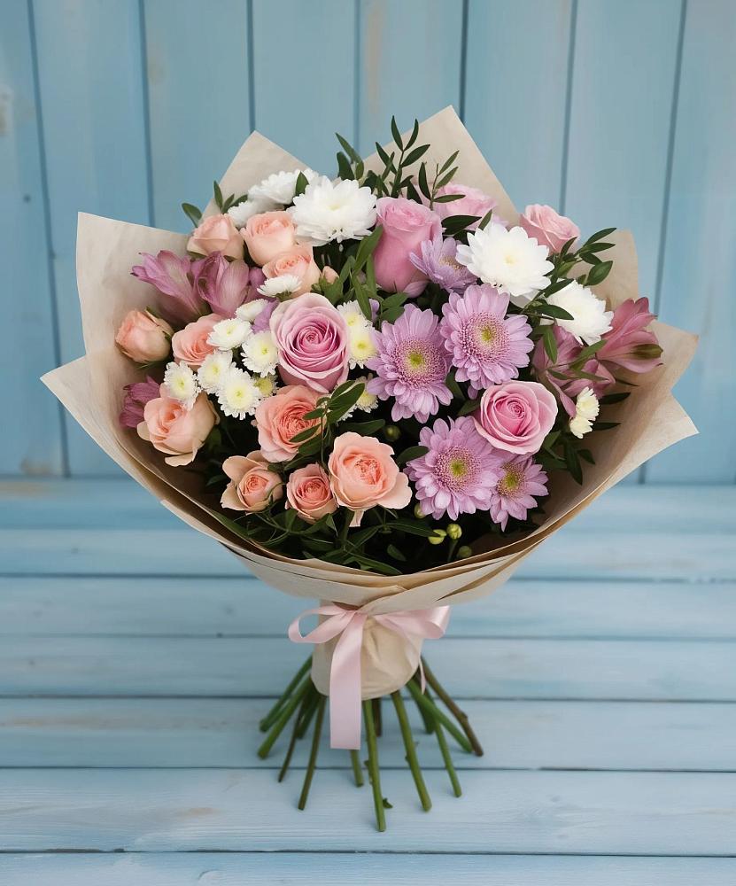 Букет цветов из: Хризантемы, Розы и Альстромерии в Губкинском