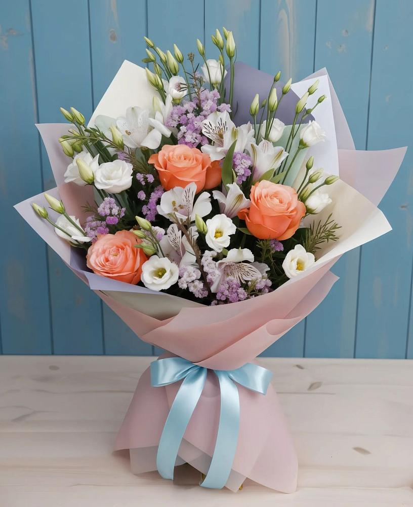 Букет цветов из: Лизиантусы, Розы, Альстромерии и Гипсофила в Губкинском