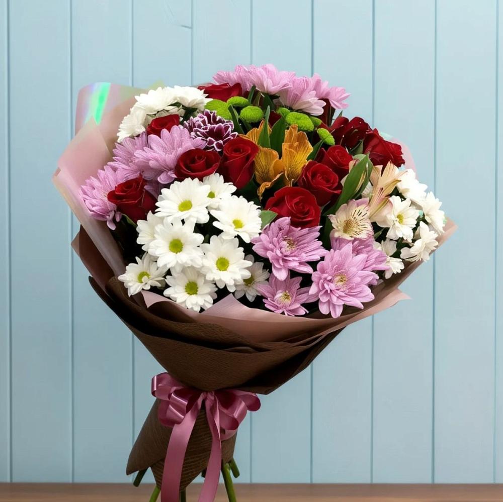 Букет цветов из: Розы, Хризантемы и Альстромерии в Губкинском