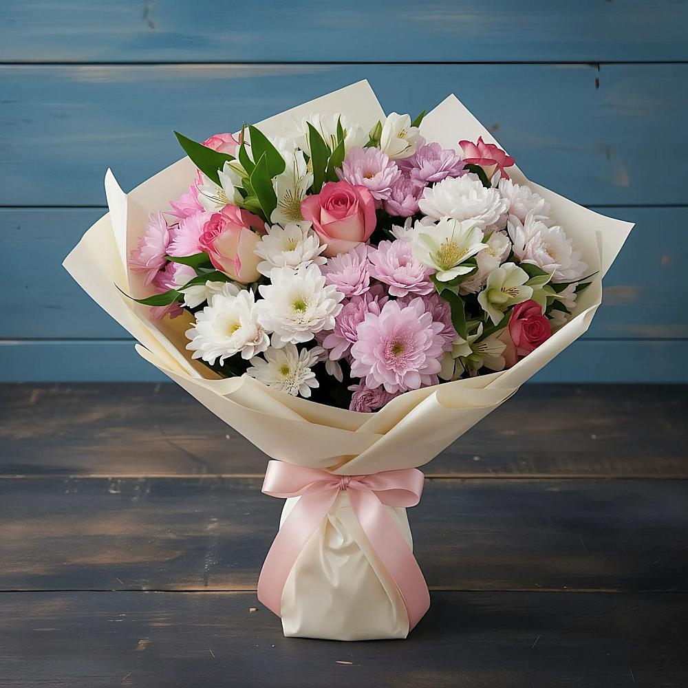 Букет цветов из: Хризантемы, Альстромерии и Розы в Губкинском